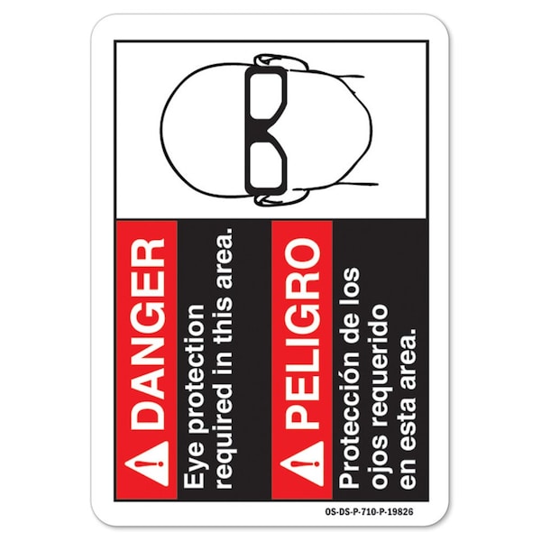 OSHA Sign, Eye Protection Required In Area, Spanish, 14in X 10in Alum, 14" W, 10" H, Landscape
